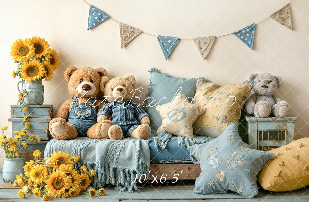 Kate Teddy Bears Sofa Sunflowers Blue Pillows Printed Backdrop Designed by Emetselch
