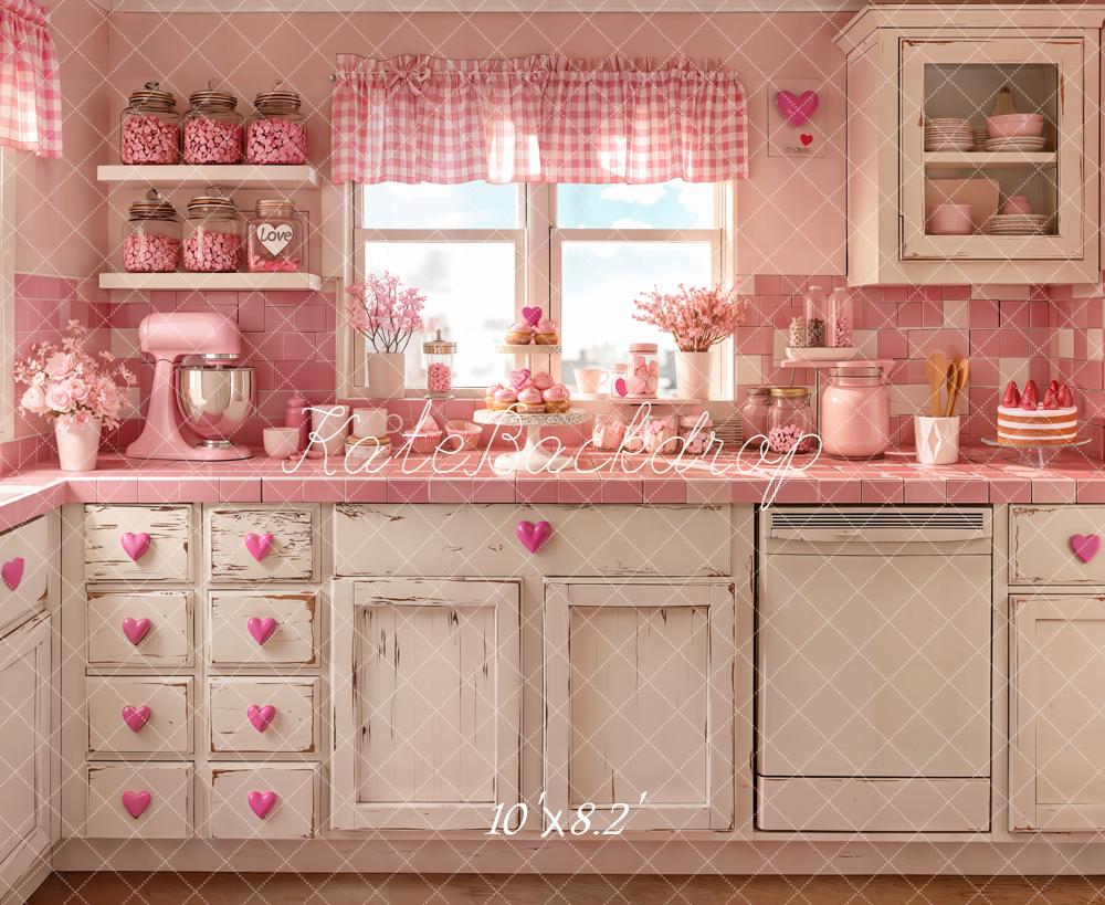 Kate Valentine's Day Pink Kitchen Hearts Backdrop Designed by Emetselch