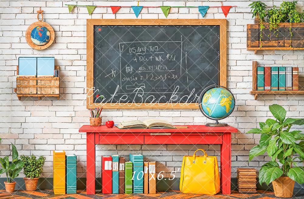 Kate Back To School Blackboard Red Desk Books Globe Backdrop Designed by Emetselch