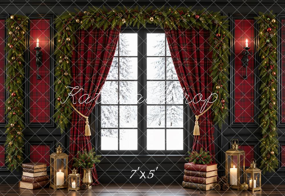 Kate Christmas Red Plaid Curtains Window Books Garland Printed Backdrop Designed by Emetselch