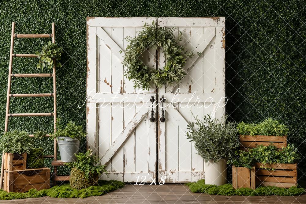 Kate Spring Greenery White Barn Door Wreath Ladder Crates Backdrop Designed by Emetselch
