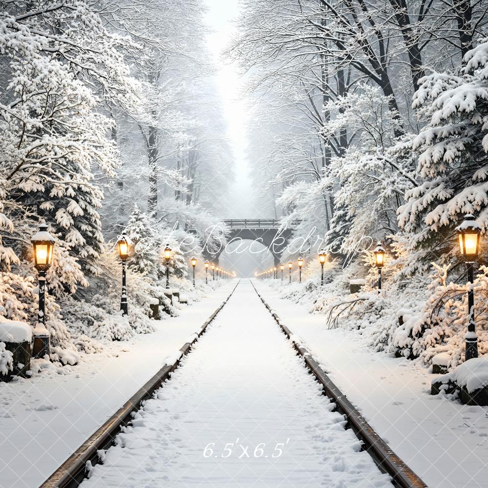 Kate Winter Snowy Forest Railway Tunnel with Lamp Posts Printed Backdrop Designed by Mini MakeBelieve
