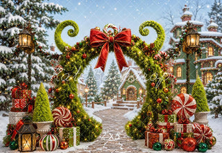 Kate Christmas Fantasy Green Arch Village Peppermint Candy Lane Printed Backdrop Designed by Chain Photography
