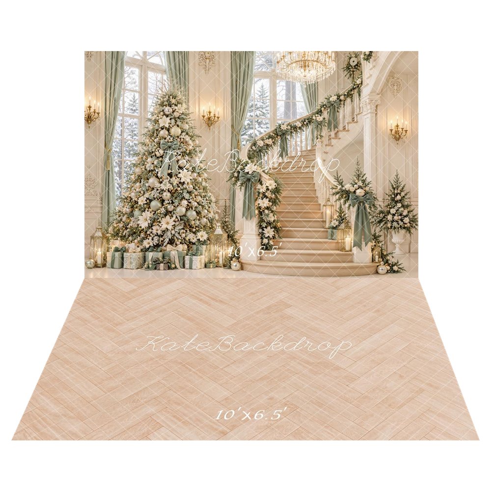 Kate Christmas Tree Staircase Garland Chandelier Printed Backdrop+Beige Herringbone Wood Texture Printed Backdrop
