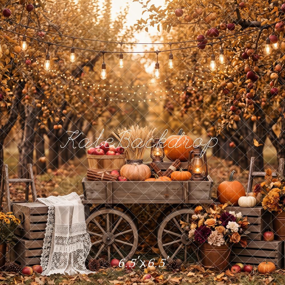 Kate Fall Apple Orchard Pumpkin Floral Wagon Wood Printed Backdrop Designed by Patty Roberts