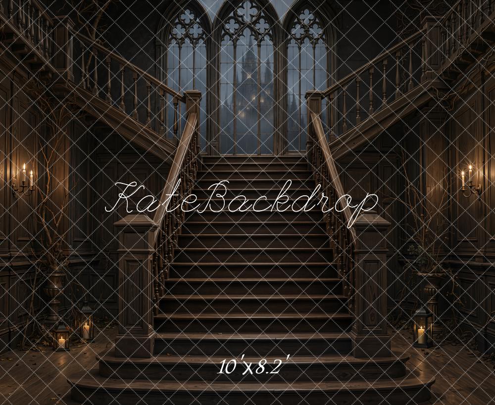 Kate Halloween Cascading Stairs Gothic Windows Candlelight Printed Backdrop Designed by Emetselch