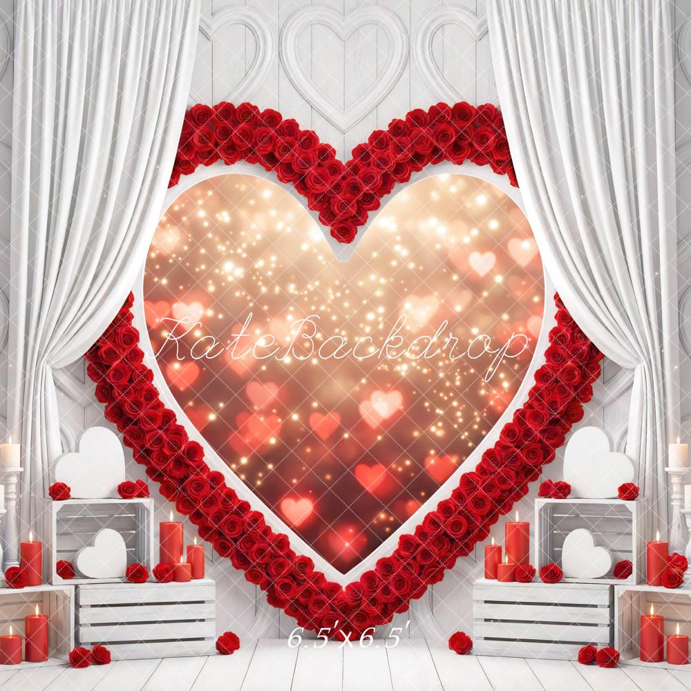 Kate Red Heart Roses White Curtains Candles Backdrop Designed by Mini MakeBelieve