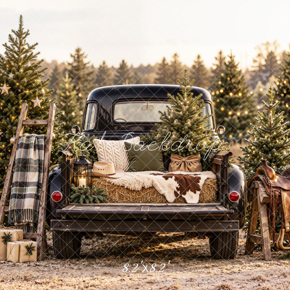 Kate Christmas Vintage Black Truck Pine Trees Ladder Saddle Printed Backdrop Designed by Emetselch