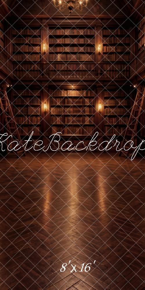 Kate Sweep Library Bookshelves Vintage Wall Brown Herringbone Floor Printed Backdrop Designed by Vertigo Productions