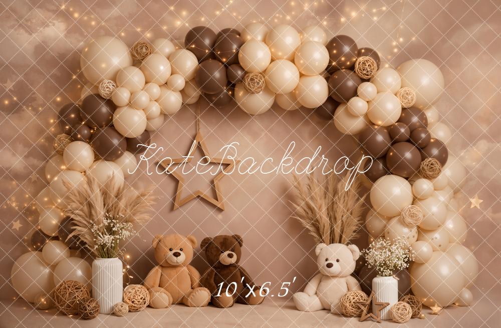 Kate Cake Smash Balloon Arch Teddy Bears Pampas Grass Neutral Brown Backdrop Designed by Emetselch
