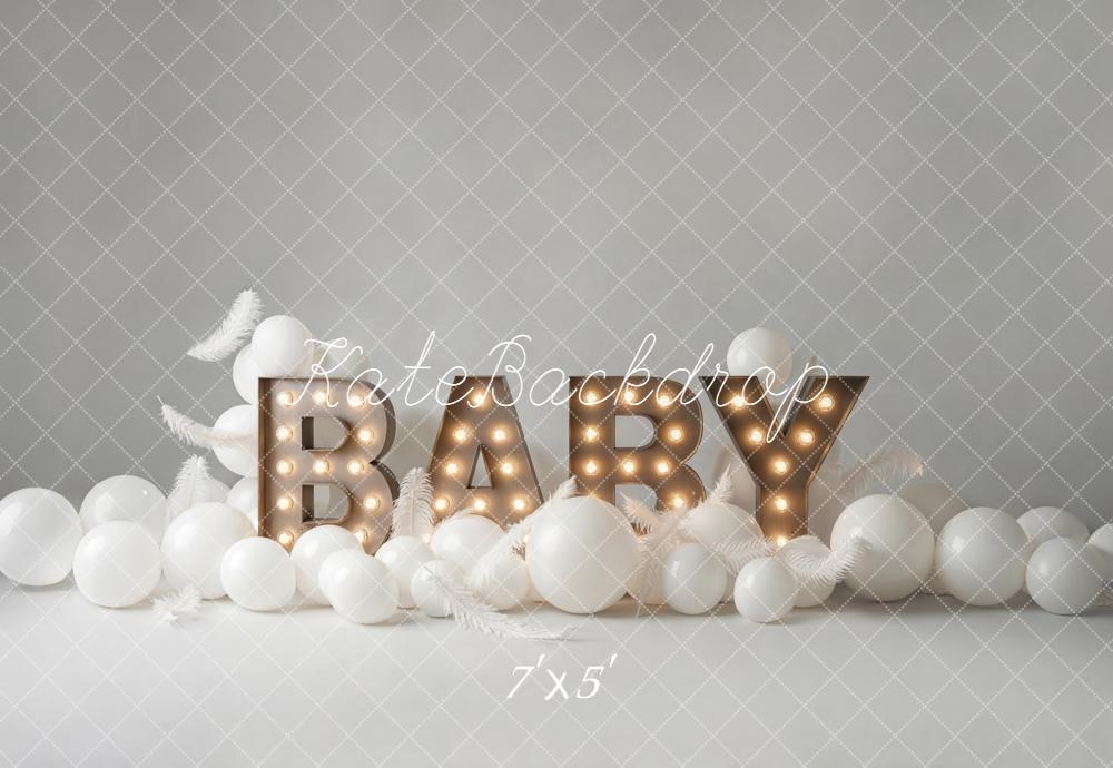 Kate Birthday Baby Marquee Letters White Balloons Feathers Backdrop Designed by Emetselch