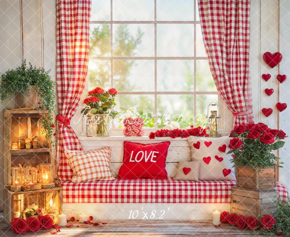 Kate Valentines Red Gingham Window Bench Hearts Roses Backdrop Designed by Emetselch