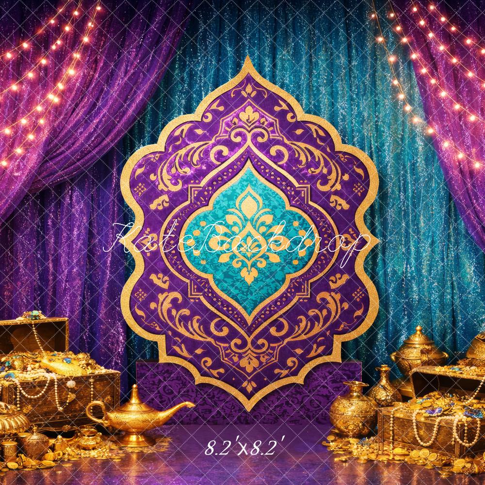 Kate Purple Blue Gold Arabian Treasure Printed Backdrop Designed by Megan Leigh Photography