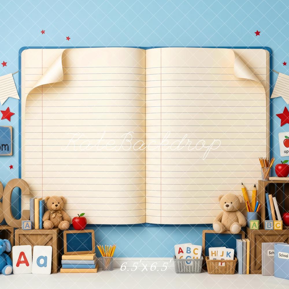 Kate Back To School Blue Classroom ABC Open Book Printed Backdrop Designed by Patty Roberts