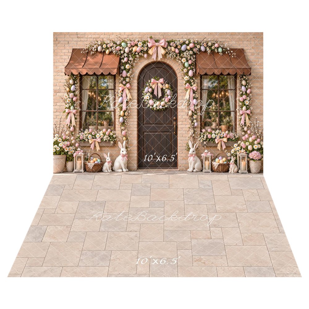 Kate Easter Eggs Arch Floral Brick Doorway Bunny Printed Backdrop+Beige Marble Tile Floor Printed Backdrop