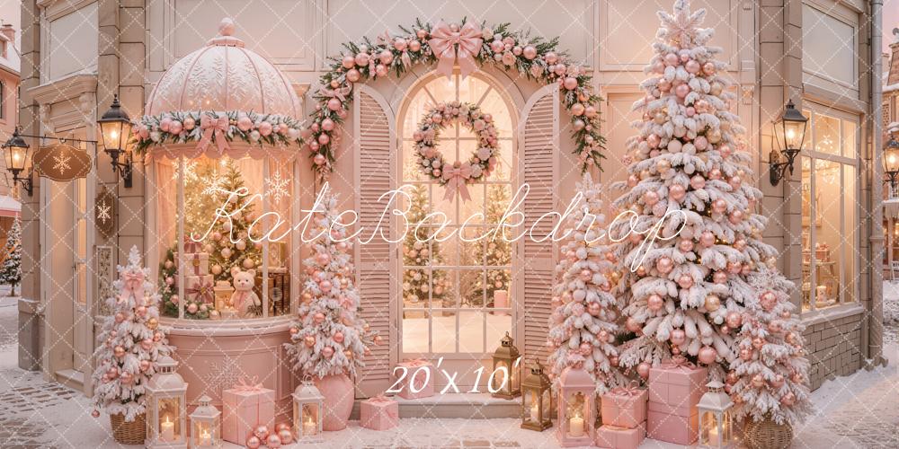 Kate Christmas Shop Pink Snowy Trees Garland Wreath Gift Boxes Printed Backdrop Designed by Emetselch