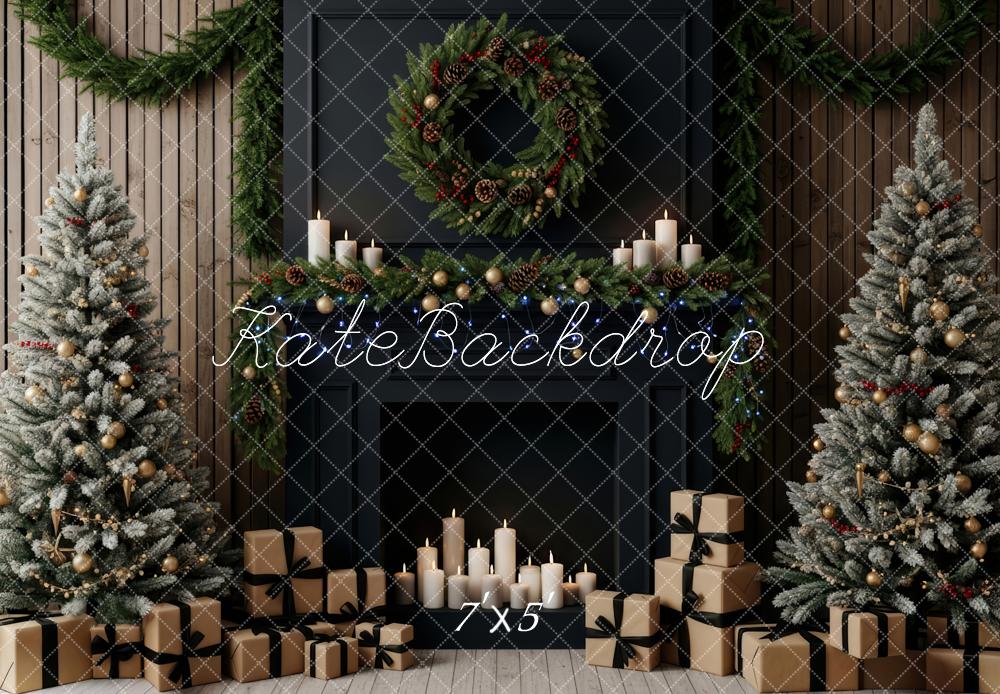 Kate Christmas Fireplace Garland Wreath Frosted Trees Backdrop Designed by Patty Roberts