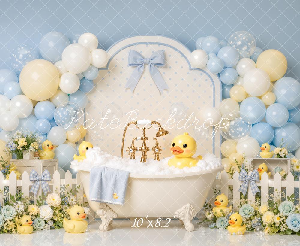 Kate Baby Shower Spring Floral Blue Balloon Bathtub Rubber Duck  Printed Backdrop Designed by Emetselch
