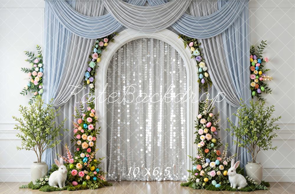 Kate Easter Bunny Floral Arch Blue Curtains Backdrop Designed by Mini MakeBelieve