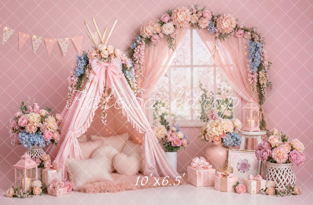 Kate Sring Pink Floral Teepee Flower Arch Window Printed Backdrop Designed by Emetselch