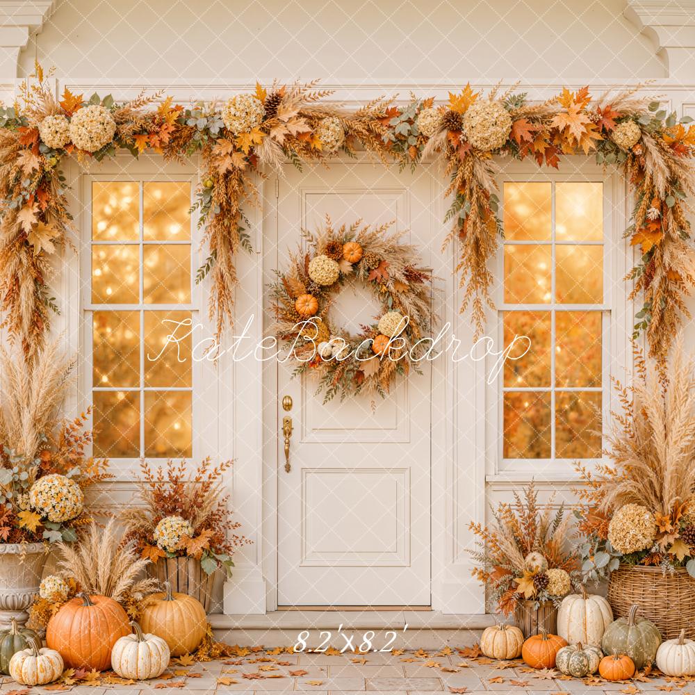 Kate Fall Front Door Floral Garland Wreath Pumpkins Window Printed Backdrop Designed by Emetselch