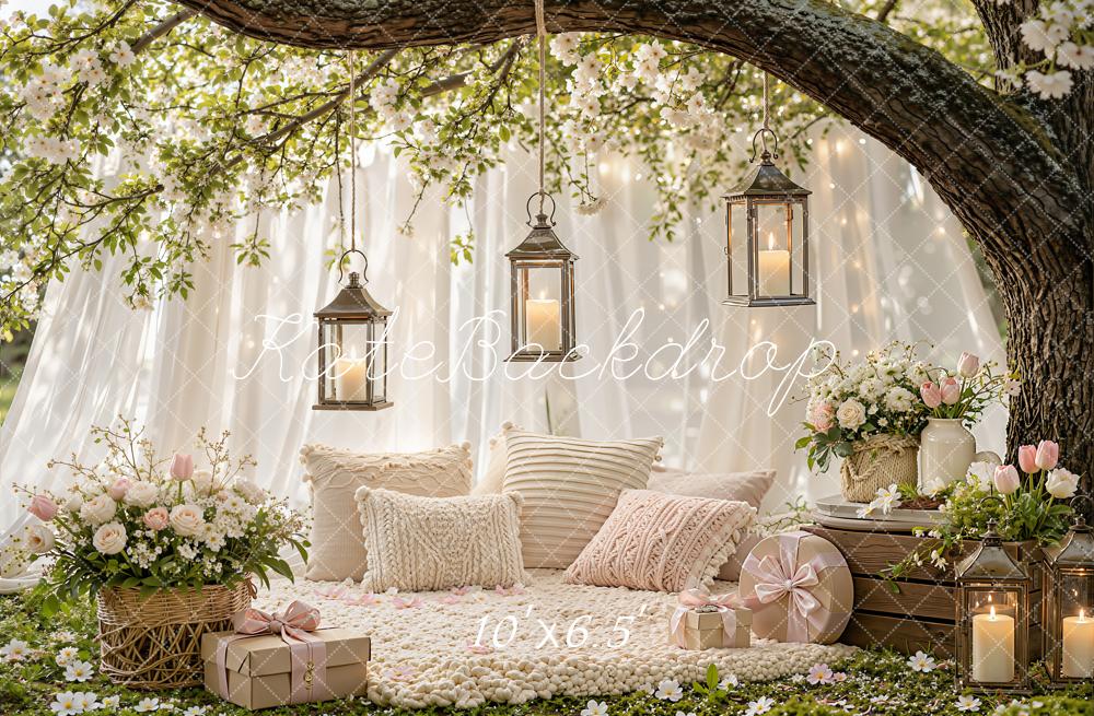 Kate Spring Cherry Blossom Branch Arch Lanterns Cozy Pillows Printed Backdrop Designed by Emetselch