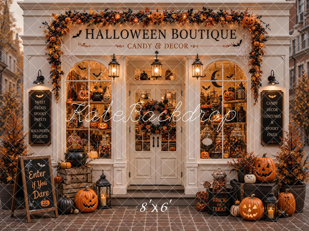 Kate Halloween Candy Boutique Pumpkin Storefront Garland Printed Backdrop Designed by Emetselch