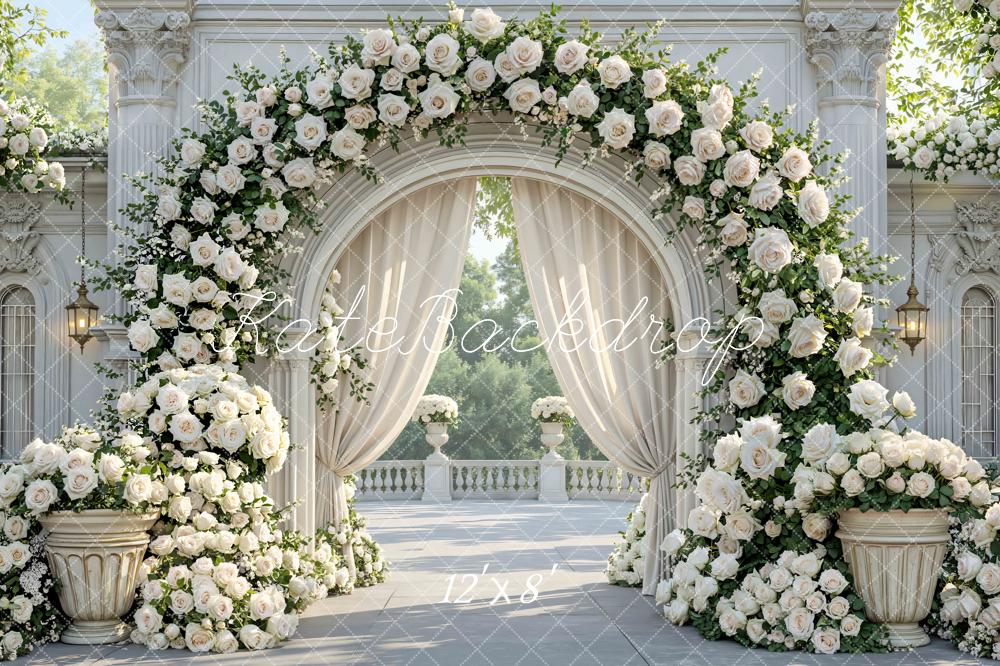 Kate Spring Flower Arch White Roses Columns Elegant Garden Backdrop Designed by Mini MakeBelieve