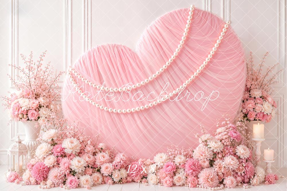 Kate Valentine's Day Pink Chiffon Heart Pearls Flowers Vases Printed Backdrop Designed by Emetselch