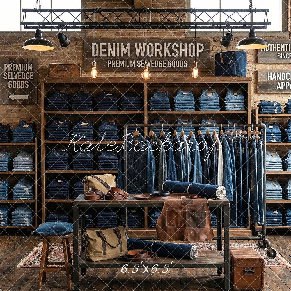 Kate Denim Workshop Brick Wall Shelves Printed Backdrop Designed by Patty Roberts