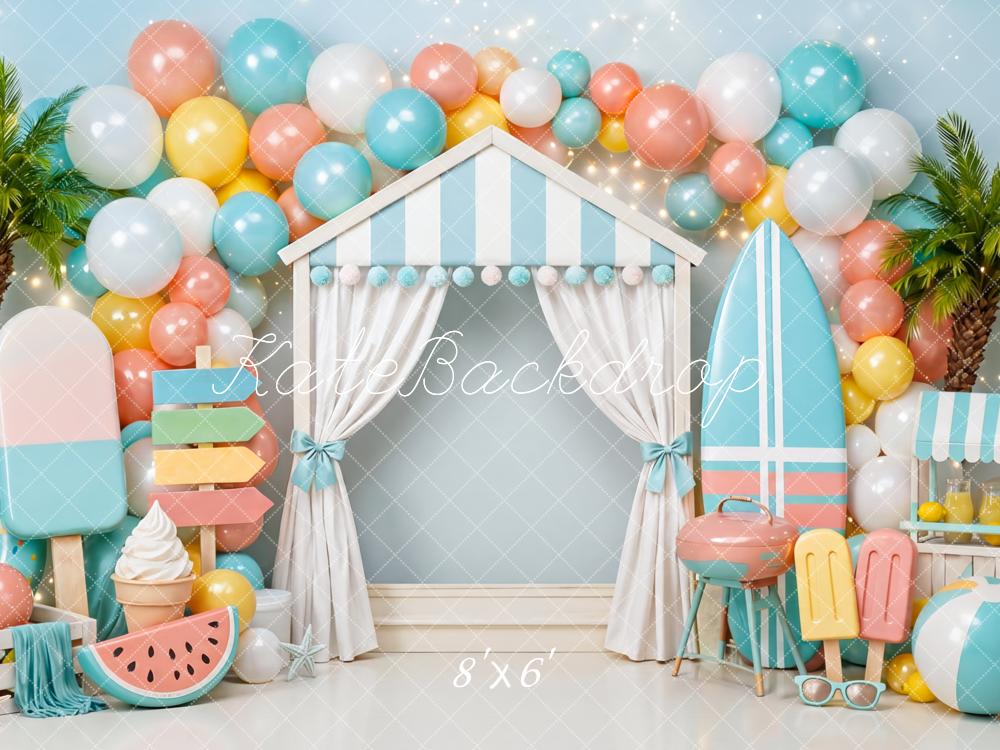 Kate Summer Cake Smash Pool Party Beach Hut Popsicle Surfboard Printed Backdrop Designed by Mini MakeBelieve