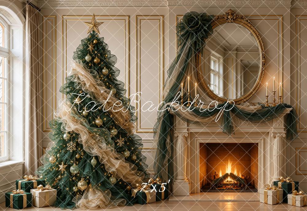 Kate Christmas Tree Tulle Fireplace Ornate Mirror Antique Printed Backdrop Designed by Shutter Swan Studios