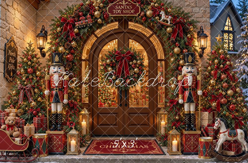 Kate Christmas Toy Shop Doorway Nutcracker Garland Trees Printed Backdrop Designed by Shutter Swan Studios
