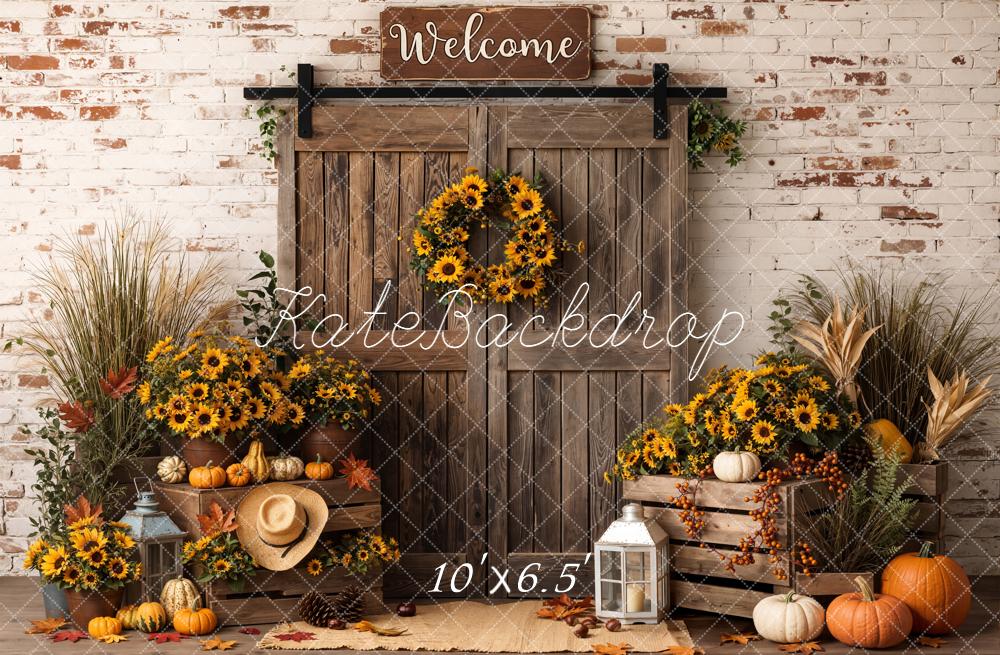 Kate Fall Sunflower Pumpkin Barn Door Rustic Printed Backdrop Designed by Emetselch