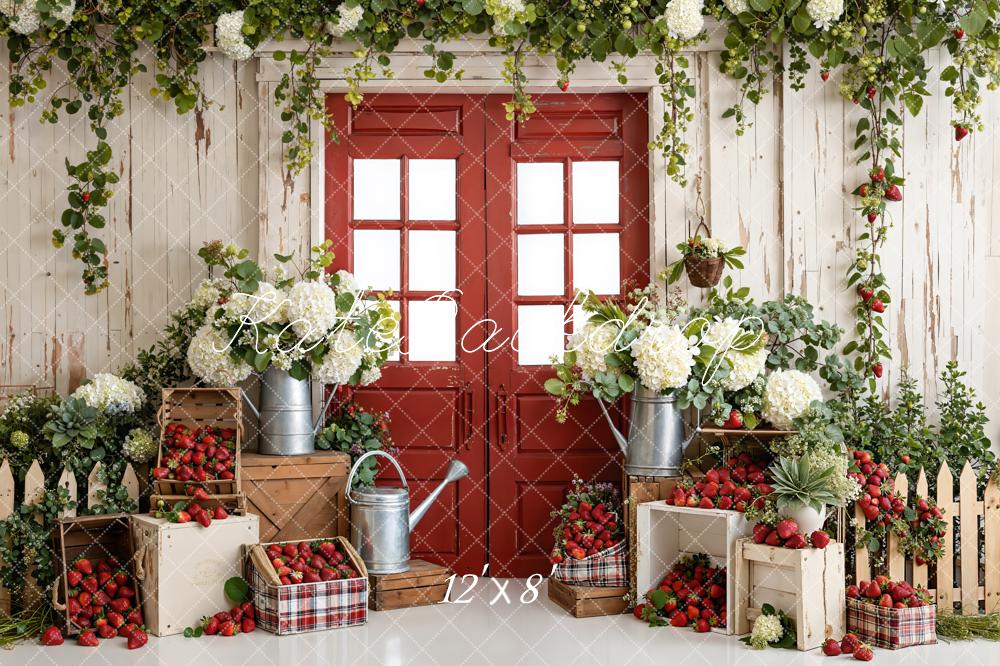 Kate Rustic Red Door White Hydrangeas Strawberries Crates Backdrop Designed by Emetselch