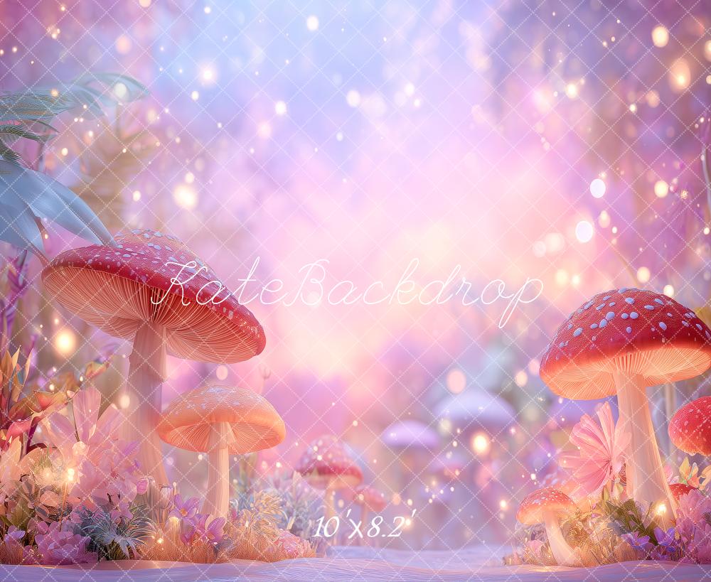 Kate Fairy Fantasy Pink Mushroom Forest Bokeh Printed Backdrop Designed by Angela Miller