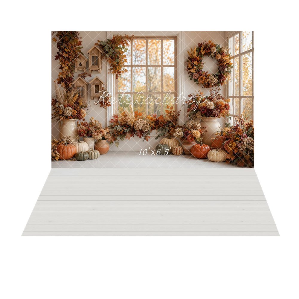 Kate Fall Cozy Interior Pumpkins Floral Window Wreath Printed Backdrop+White Wood Plank Rubber Floor Mat