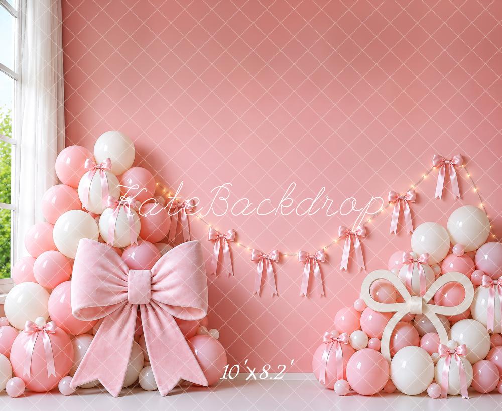 Kate Cake Smash Pink Bow Balloon Garland Printed Backdrop Designed by Shutter Swan Studios