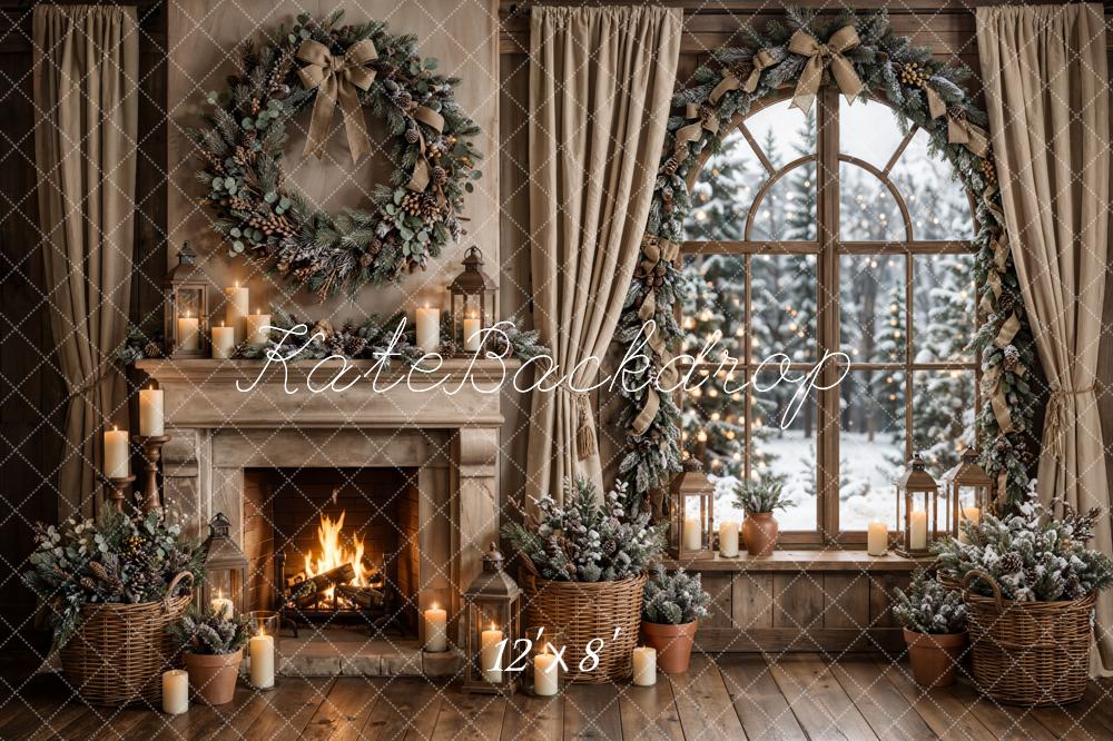 Kate Christmas Rustic Fireplace Window Wreath Printed Backdrop Designed by Emetselch