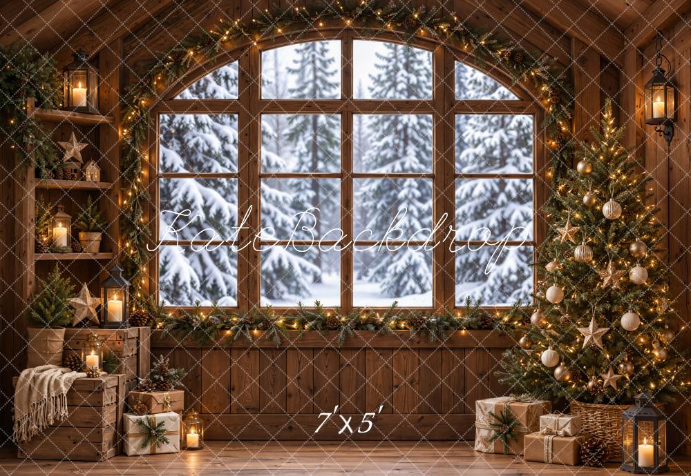 Kate Christmas Rustic Cabin Arched Window Christmas Tree Printed Backdrop Designed by Emetselch