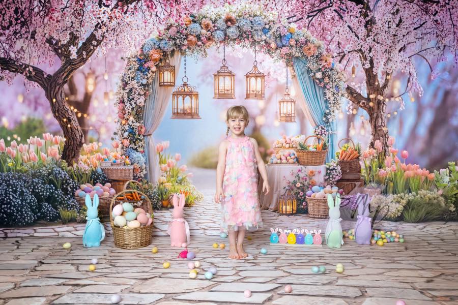 Kate Easter Spring Flower Arch Pastel Eggs Lanterns Garden Pink Backdrop Designed by Emetselch
