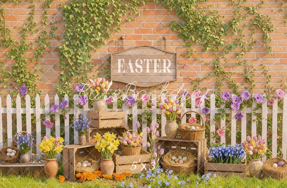 Kate Easter Garden Flowers Eggs White Fence Backdrop Designed by Emetselch