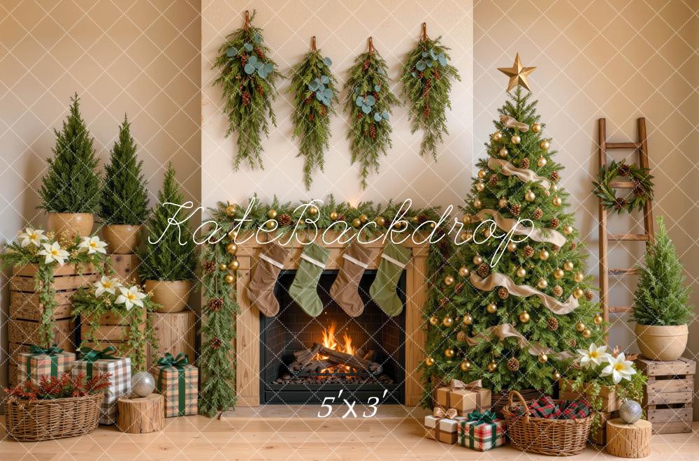 Kate Christmas Tree Rustic Fireplace Greenery Stockings Gifts Printed Backdrop Designed by Mini MakeBelieve