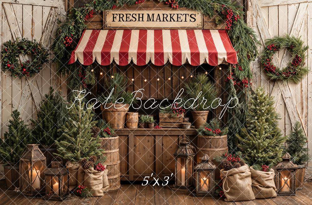Kate Christmas Market Pine Trees Wreath Lanterns Printed Backdrop Designed by Emetselch