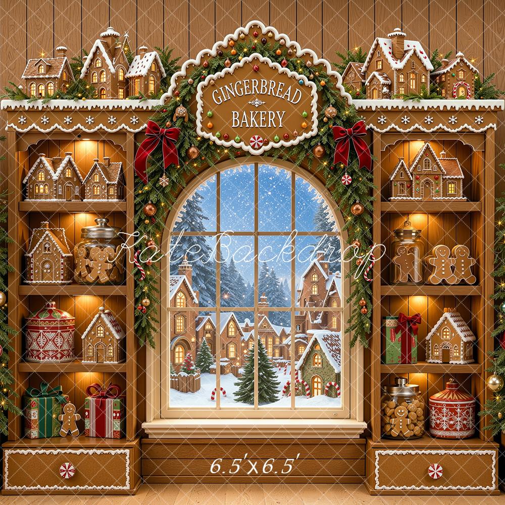 Kate Christmas Trees Gingerbread Bakery Snowy Window Printed Backdrop Designed by Shutter Swan Studios