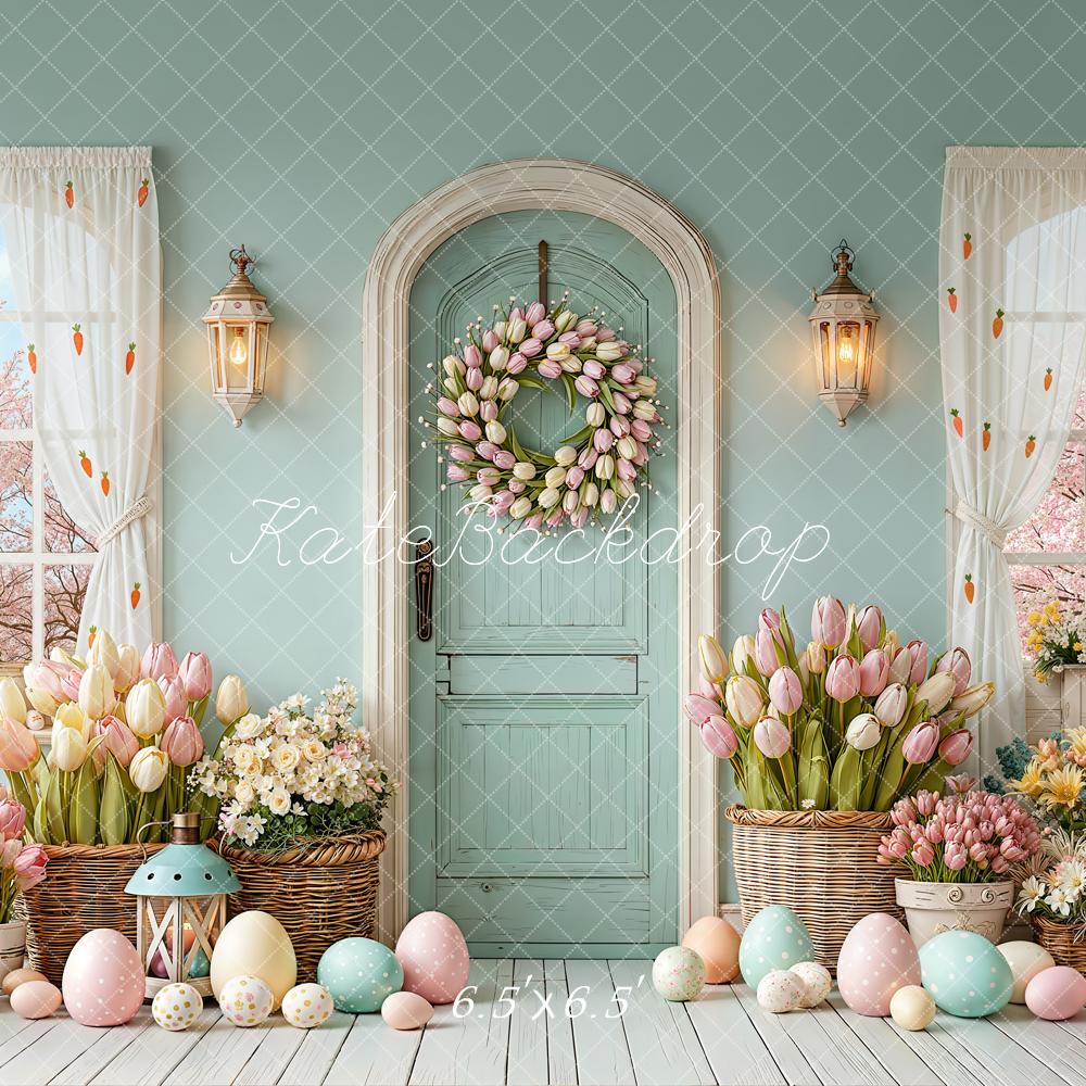 Kate Easter Bunny Pastel Eggs Tulip Wreath Door Backdrop Designed by Emetselch