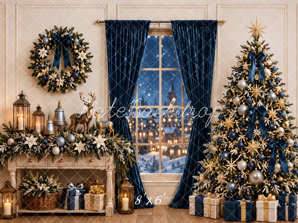 Kate Christmas Navy Curtains Gold Tree Cabinet Wreath Printed Backdrop Designed by Emetselch