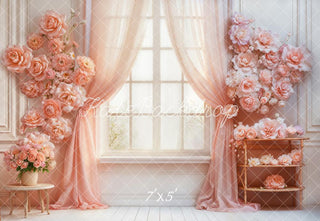 Kate Spring Blush Flower Arch Window Pink Curtains Printed Backdrop Designed by Emetselch