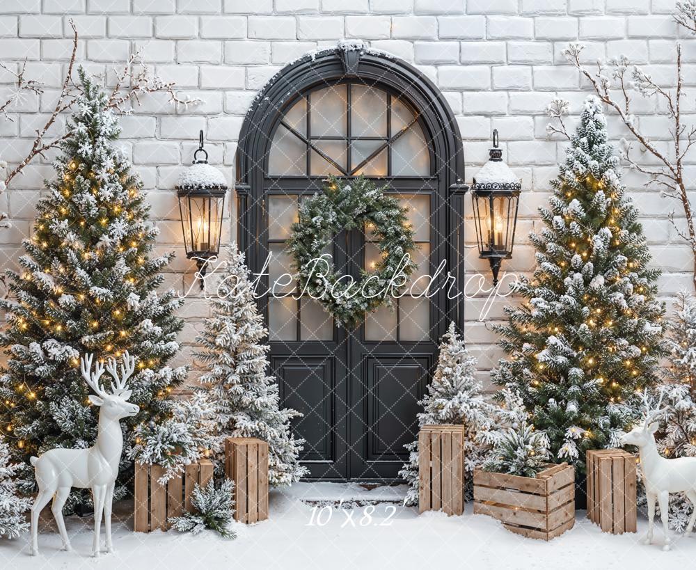 Kate Christmas Snowy Pine Trees Wreath Reindeer Black Door Backdrop Designed by Emetselch