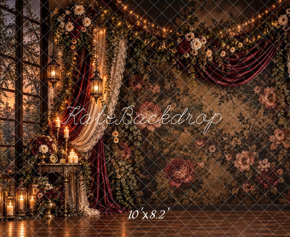 Kate Elegant Dark Brown Gothic Floral Candlelit Drapes Printed Backdrop Designed by Laura Bybee